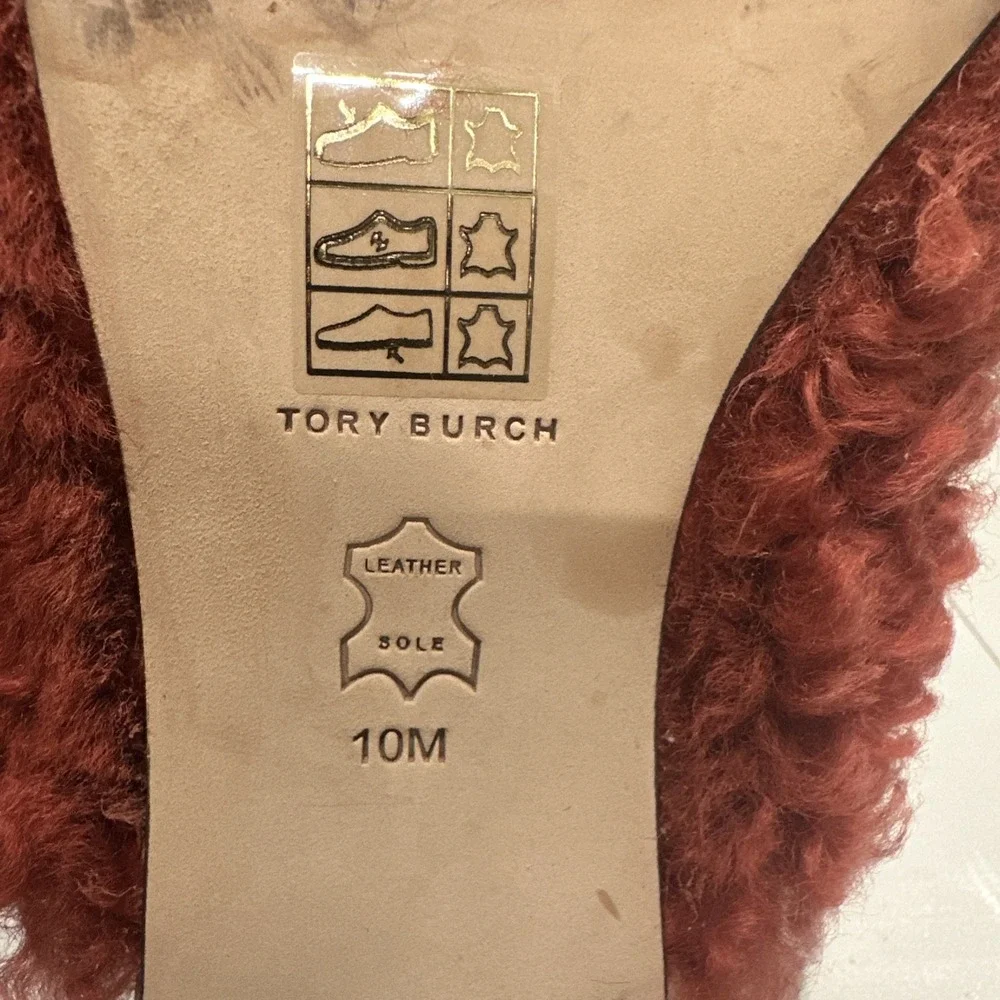 Tory Birch Size 10M Block T Heel Mule Kaku Shearling Sandal 80mm Smoked Paprika